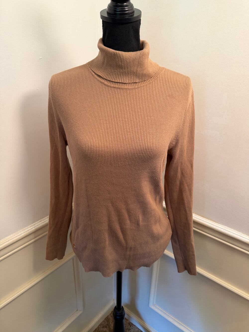 Lauren Ralph Lauren Tan Ribbed Turtleneck Sweater Cotton Modal Blend Slim Fit